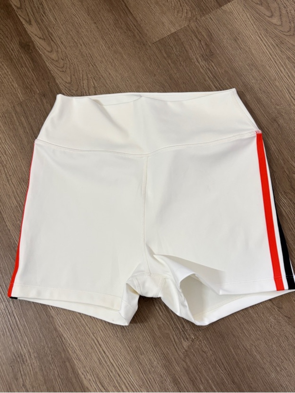 Women's White High-Rise Bike Shorts with Red & Black Side Stripes